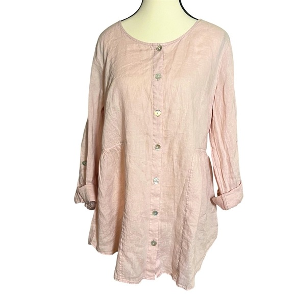 Sigrid Olsen Womens M Pink Button Up Shirt 100% Linen Tunic Top Roll Tab Sleeve - Picture 1 of 8